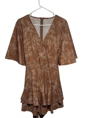 Amazon Brown Printed V-Neck Short Sleeve Romper